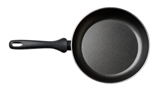 High-angle view of a dark-colored frying pan