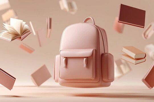 3D design of school bag and notebooks suspended on clean background, creative illustration in pink