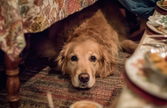 Golden retriever hiding under table hoping for thanksgiving leftovers