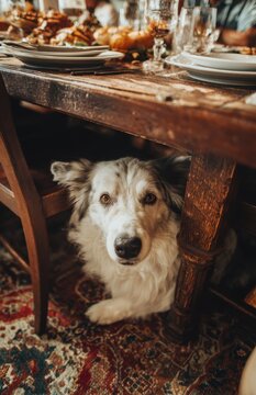Cute dog waiting for food under thanksgiving table