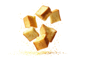 Golden cubed baked goods in mid-air