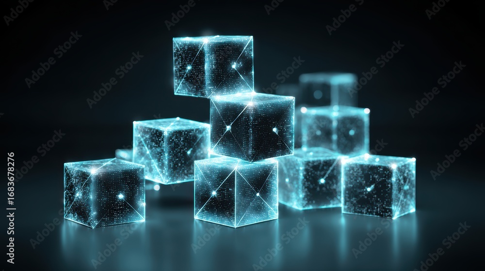 Poster digital cubes structure: an array of glowing digital cubes, interconnected in a network, radiates wi