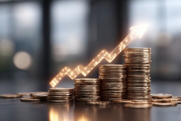 Financial Growth: Stacks of golden coins ascend, illuminated by a glowing arrow, symbolizing the upward trajectory of wealth, savings, and prosperity.