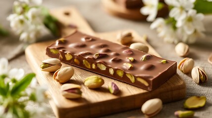Pistachio chocolate bar on a wooden board with blossoms