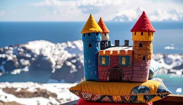 Colorful fabric castle atop pillows, overlooking snowy mountains and ocean