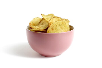  There is a bowl of potato chips on a white background.