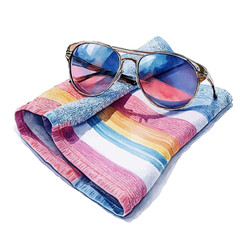 watercolor of Sunglasses On Summer Towel, vector, isolated on a white background.