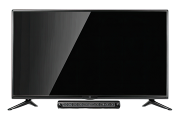 Flat-screen TV with a black base and black console