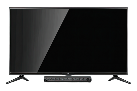 Flat-screen TV with a black base and black console