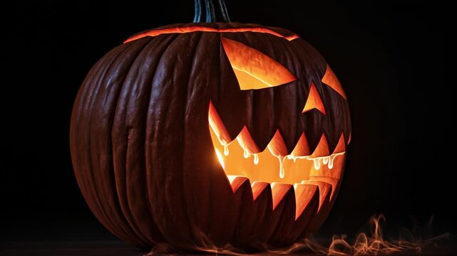 Spinning View of Carved Pumpkin Face with Glowing Flame