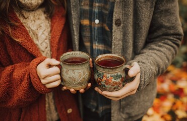 Couple holding mugs of warm tea outdoors in autumn