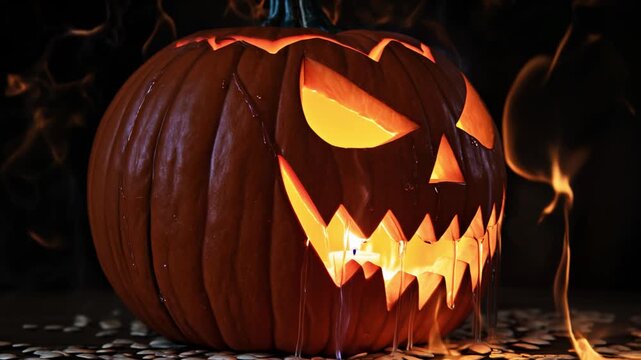 Rotating Shot of Flickering Candle Inside Jack O Lantern