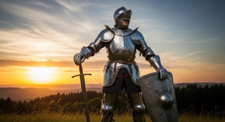 Fototapeta premium Knight in Shining Armor: Heroic Stand Against the Sunset