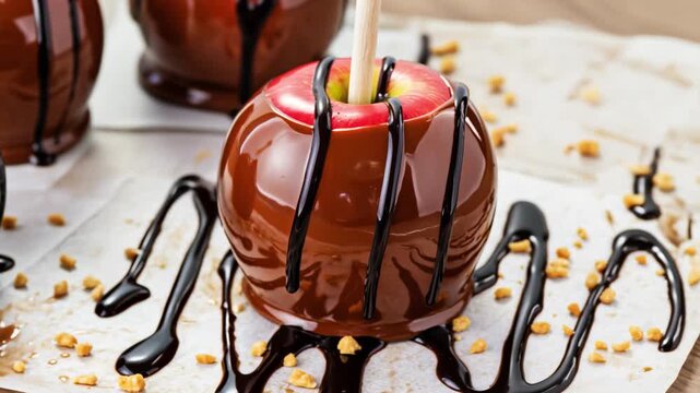 Rotating Close View of Caramel Apple with Chocolate Drizzle