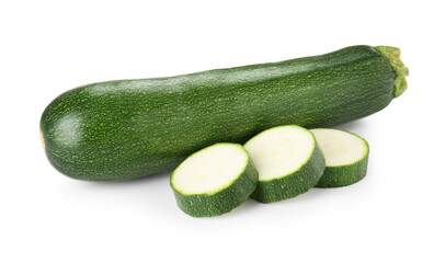 Whole and cut fresh zucchinis isolated on white