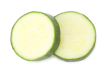 Pieces of fresh zucchini isolated on white, top view