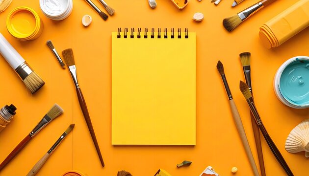 Yellow art supplies spread on orange background