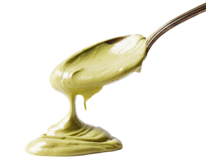 Creamy pistachio spread drips from a spoon