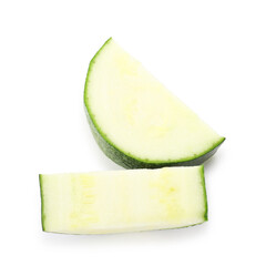 Pieces of fresh zucchini isolated on white, top view