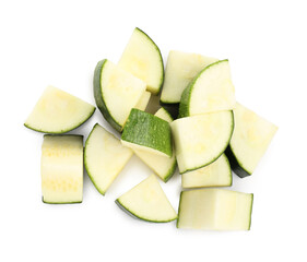 Pieces of fresh zucchini isolated on white, top view