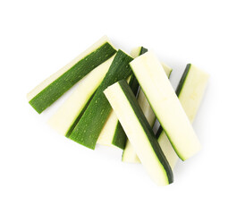Pieces of fresh zucchini isolated on white, top view