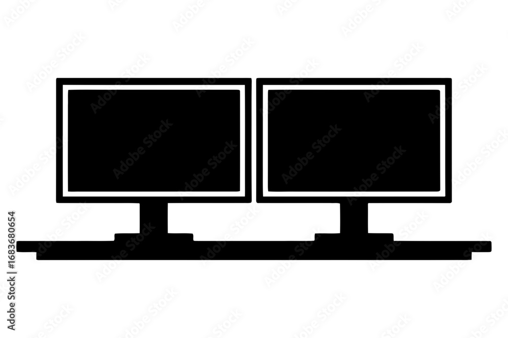 Fototapete two computer monitors displayed side by side on a desk in a simple black and white drawing style