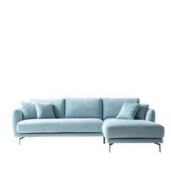 Fototapeta premium Modern light blue sectional sofa with pillows isolated on transparent background