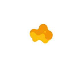 A vibrant, amorphous, orange blob against a black background. Its shape is irregular, resembling a cluster of soft, flowing shapes