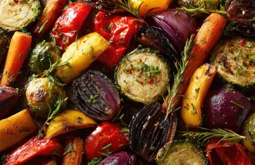 Colorful roasted vegetables with rosemary filling the frame