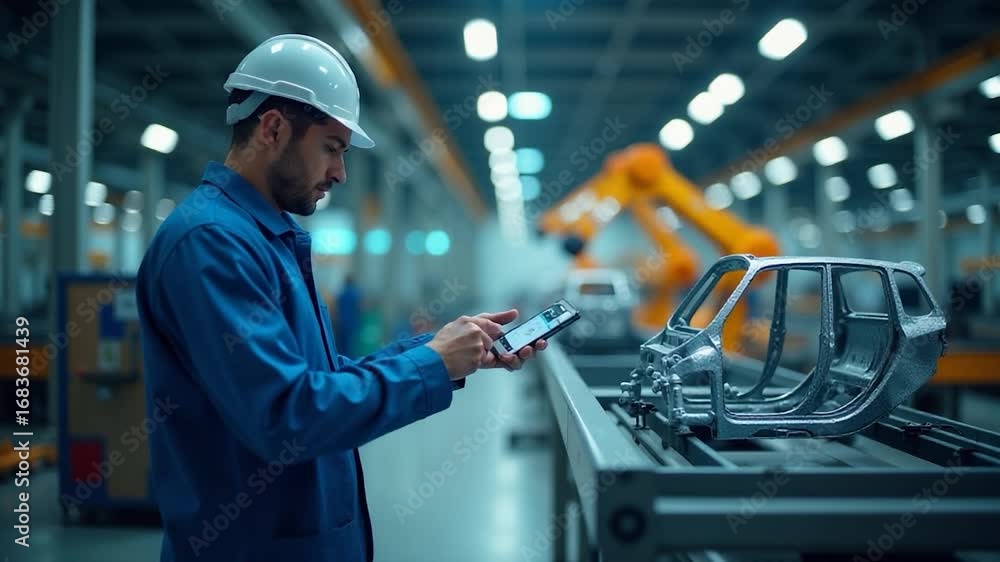 Poster worker in industrial setting checking mobile device