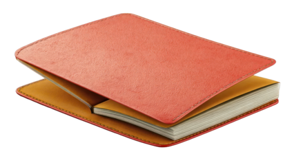 A coral-colored book with tan pages open slightly