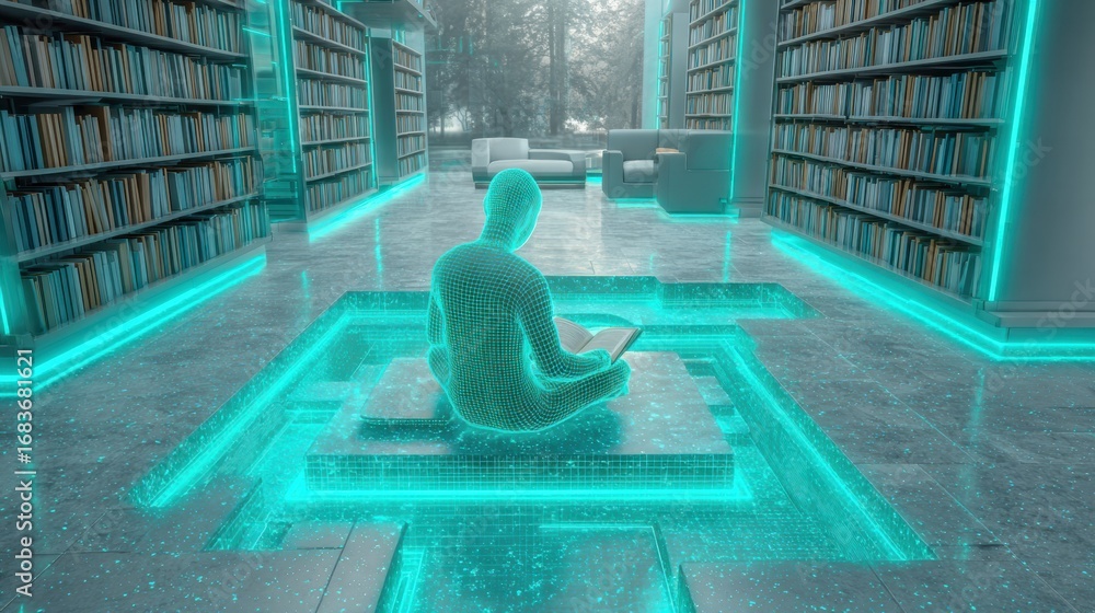 Poster a digital representation of a figure sits cross-legged on a glowing platform, engrossed in a book wi