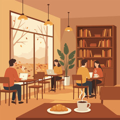 A cozy and warm interior scene of a modern coffee shop with diverse people working on laptops, talking, and enjoying coffee vector illustration