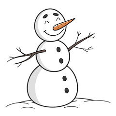 A cheerful cartoon snowman with a carrot nose and stick arms stands happily in the snow