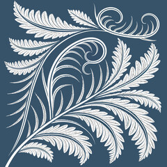 Elegant white fern fronds and swirling vines create a decorative floral pattern on a deep blue background © md solaimas