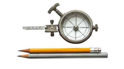 Vintage surveying instrument and pencils on a Transparent Background