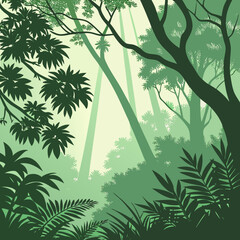Lush green jungle foliage and trees with dappled sunlight filtering through the canopy