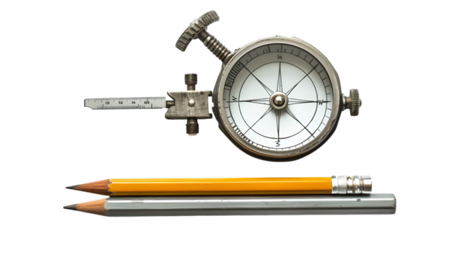 Vintage surveying instrument and pencils on a Transparent Background