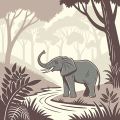 Majestic elephant with raised trunk stands beside a winding river in a stylized forest landscape
