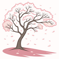 Stylized illustration of a blooming cherry blossom tree with falling petals in a soft pastel color palette