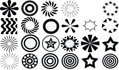 Abstract vector circles and star shapes set with spirals, waves, floral motifs, geometric decorative icons for modern creative digital design