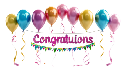 Bright balloons and congratulations banner for celebration, Transparent Background