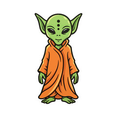 A cute cartoon baby alien character with big eyes and a third eye, wearing a traditional orange monk robe vector illustration.