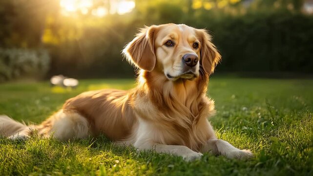 Golden Retriever Resting Relaxing on Grass in Sunlight