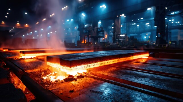 Glowing molten steel slab on a conveyor in an industrial foundry, surrounded by smoke and vibrant factory lights, capturing hot metalwork energy.