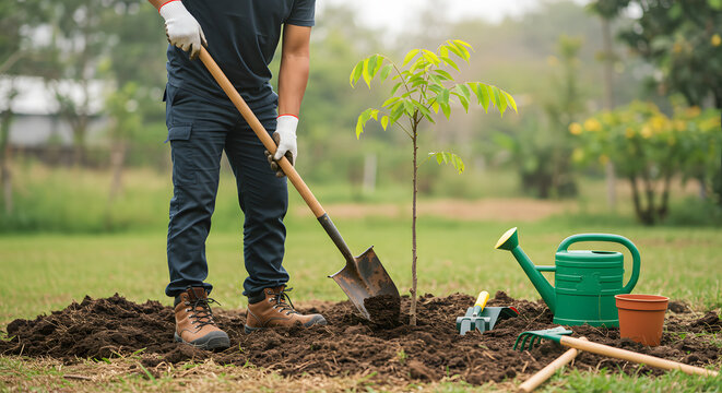 Gardener planting a young tree in a lush green garden with a watering can nearby