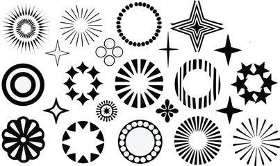 Abstract circular vector shapes with starbursts, rings, floral patterns, glowing motifs, geometric icons, retro symbols and creative design elements