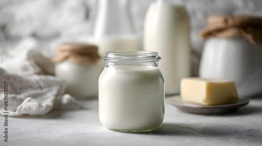 Poster a collection of fresh dairy products including yogurt milk in bottles and a block of butter on a lig