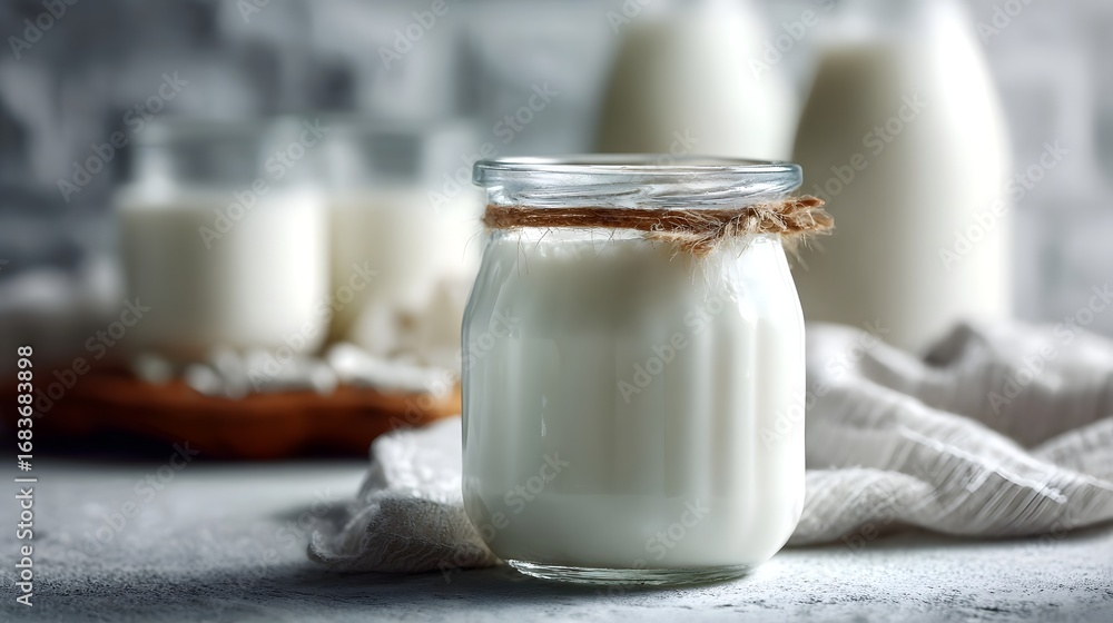 Poster fresh homemade yogurt in a glass jar tied with rustic string with blurred milk bottles and a texture