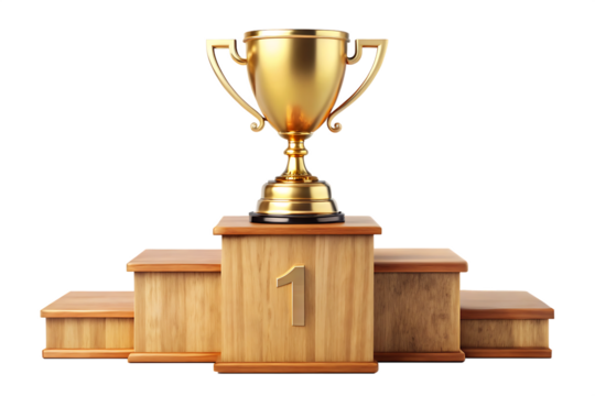 Golden championship trophy displayed proudly on a wooden first place podium isolated on white background ,PNG. AI Generated. - Powered by Adobe